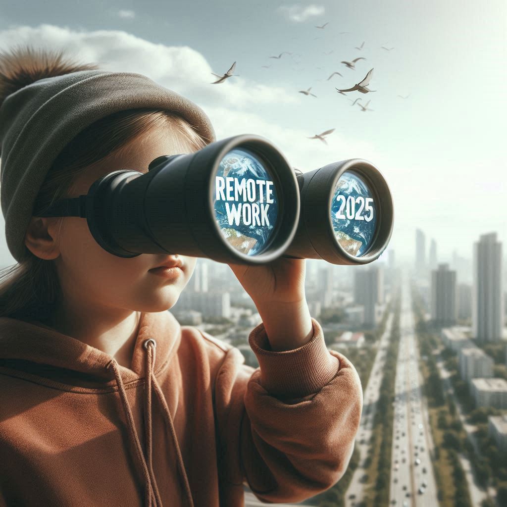 a girl looking through binoculars with remote work 2025 written on glasses