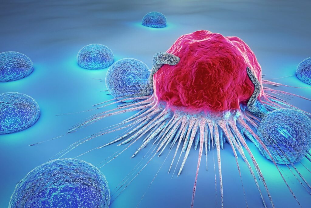 3d illustration of a cancer cell and lymphocytes